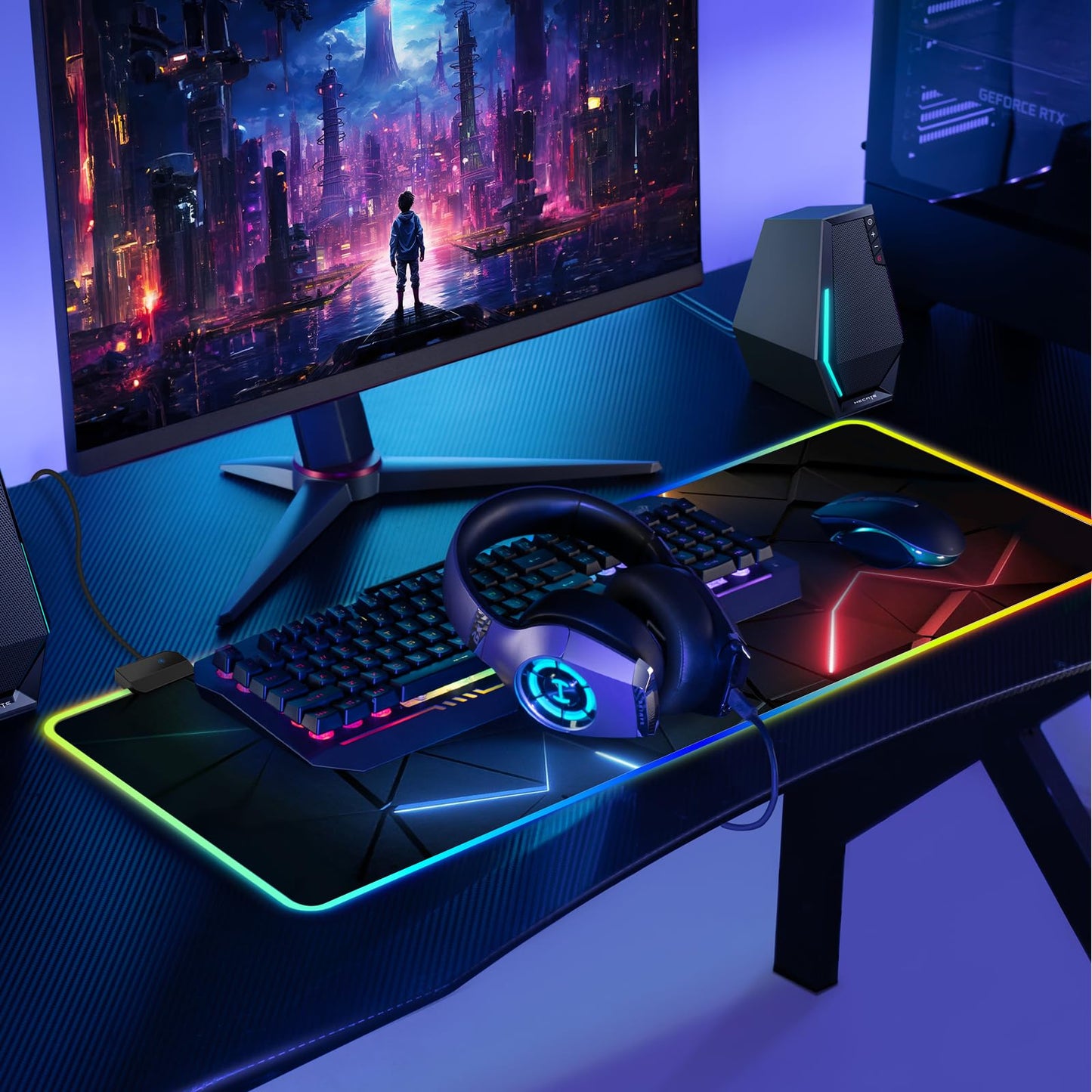 RGB Mouse Pad Desk Pad, Large Gaming Mousepad with LED Light 13 Light Modes Touch Control Extended Soft Computer Keyboard Mat Pad, Desk Mat with Non-Slip Rubber Base for MacBook & Laptop(31.5X11.8)