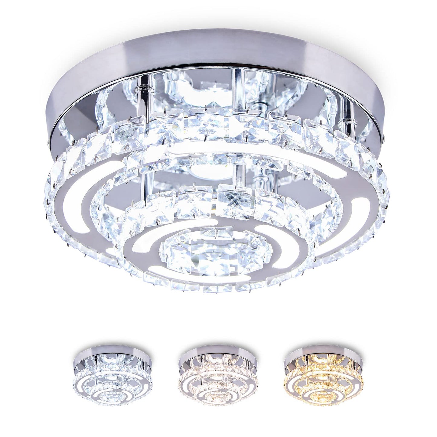 CXGLEAMING Modern LED Ceiling Light Chandelier, K9 Crystal, Stainless Steel, 3 Color Light, Round Small, Variable Light