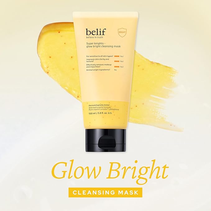belif Super Knights Glow Radiance Cleansing Mask, Korean Skincare with Multi-Vitamin Complex & Glutathione – Radiance & Even Skin Tone (150 ml / 5.0 fl. oz.)