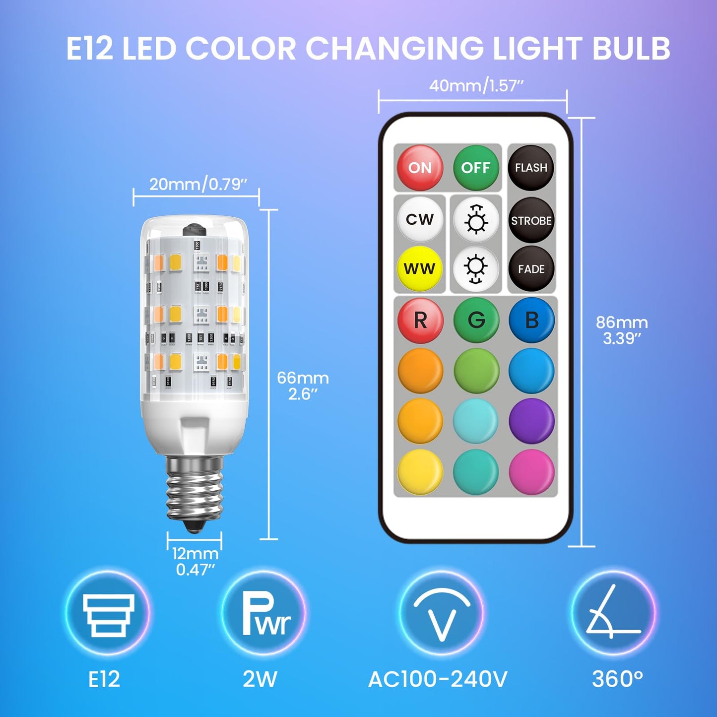 Tobebright Color Changing Led Light Bulb With Remote Control 2W E12 Chandelier Light Bulb Multicolor Rgb/3000K/6000K/Dimmable Candelabra Base Color Light Bulbs 3Modes Memory Function Ac 100-240V-2Pack