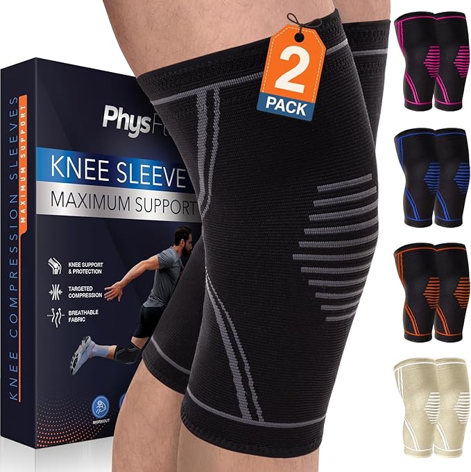 Knee Brace for Pain Relief - 2 Pack Knee Sleeves for Men and Women - Support for Weightlifting, Gym, Workout, Volleyball -...