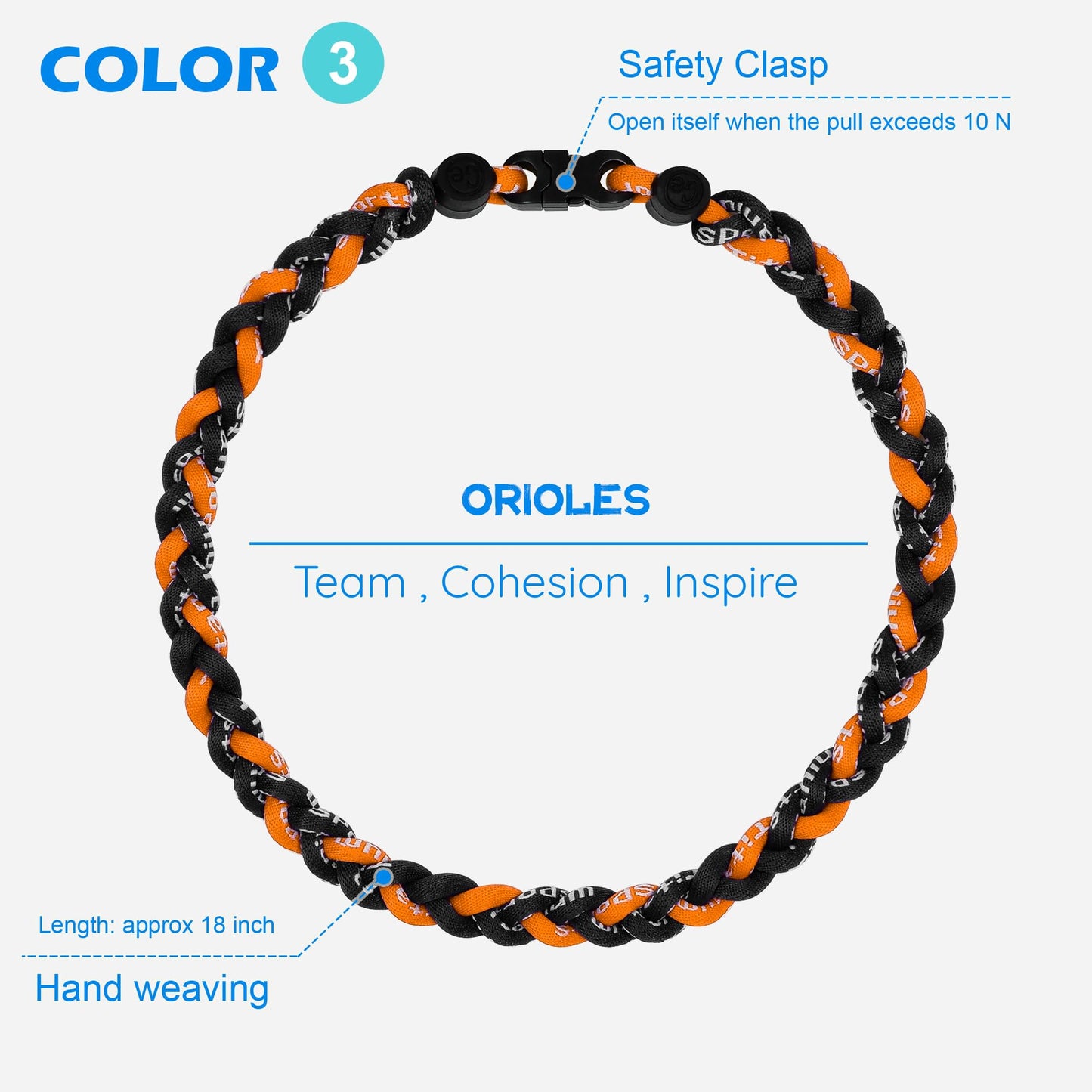 SUPBOMM 3 pcs Baseball Rope Necklaces, League Team Colors Braided Necklace, Baseball Team Gifts, Orioles