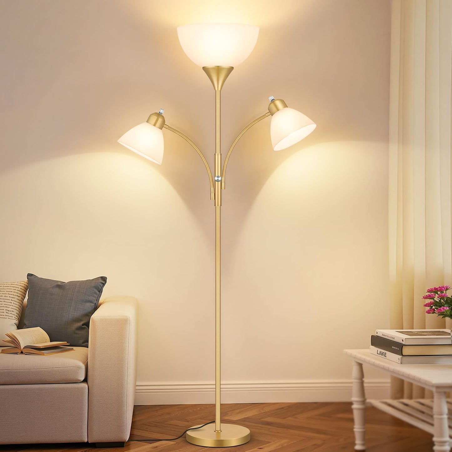 Coucrek Floor Lamp with 2 Reading Lights, 72in Dimmable Torchiere, Gold, Model HD-FL8001, Metal, 3 Bulbs Included
