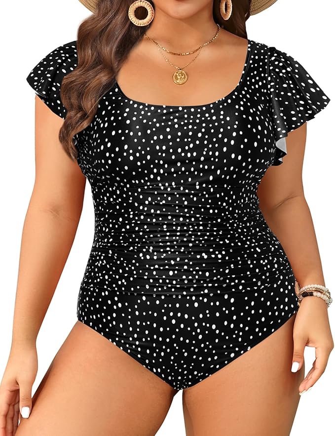 Plus Size One Piece Swimsuit - Women Tummy Control Bathing Suit Ruffle Vintage Swimwear with Sleeves