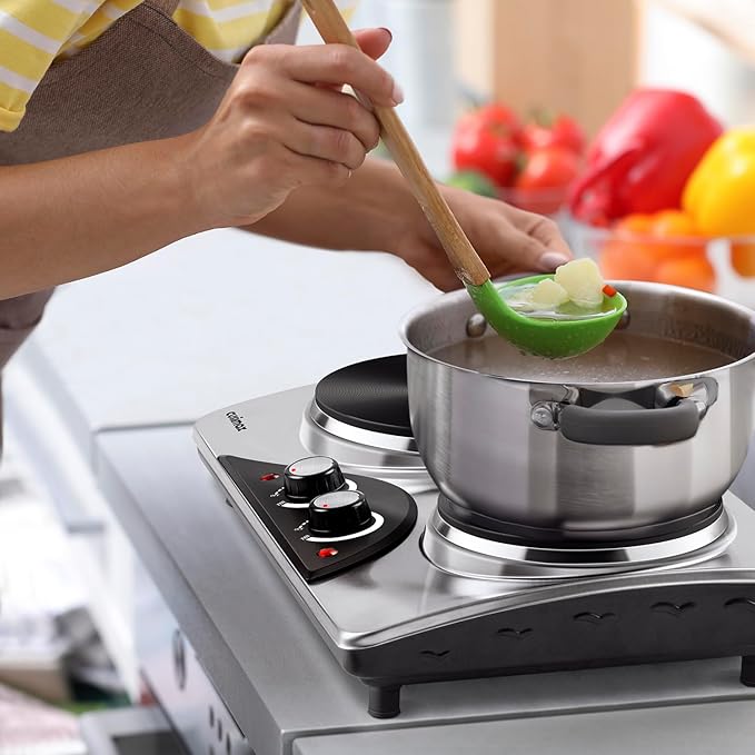Double Burner, CUSIMAX 1800 Watts Electric Hot Plate for Cooking, Countertop Burner Portable Cast Iron Hot Plates with Dual Adjustable Temperature, Easy to Clean, Sliver