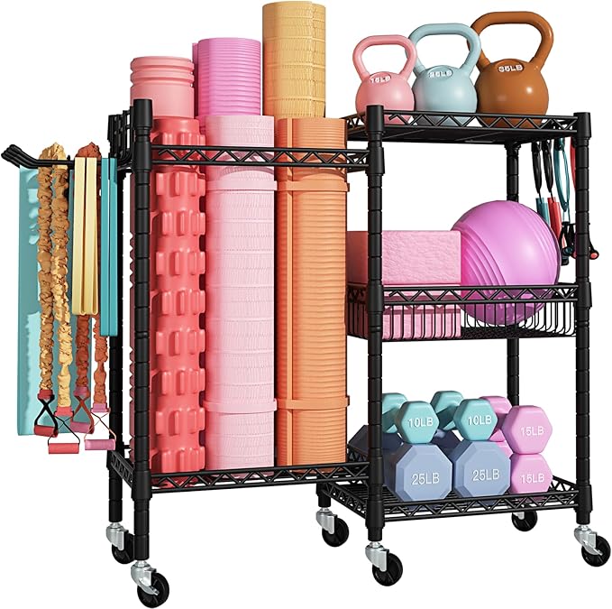 FUTASSI Home Gym Storage, 3 Tiers Workout Equipment Organizer with Wheels for Yoga Mats, Foam Roller, Dumbbells, Kettlebel...