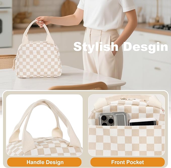 Lunch Bag for Women Checkered Insulated Lunch Box Reusable Cooler Bag Portable Cute Corduroy Leakproof Tote Bags for Travel, Work, and Picnic