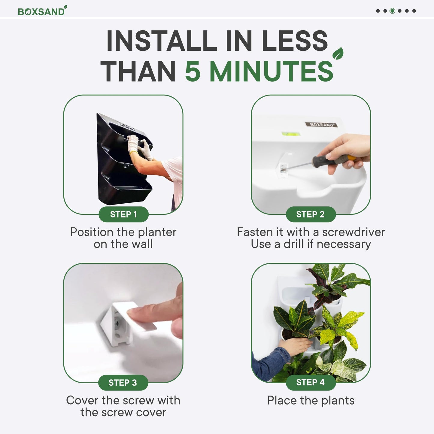 BOXSAND-6 (12"x26") Living Wall - Wall Planter, Vertical Garden for 6 Plants, Indoor/Outdoor, 2 Screws Install (White)