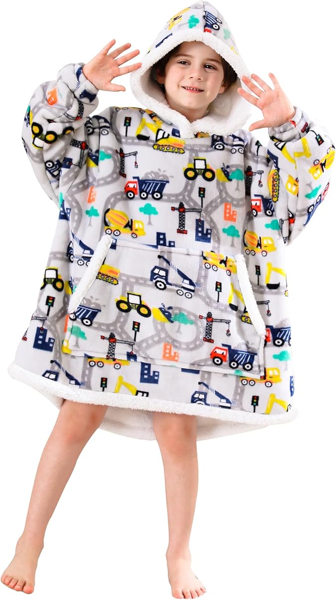 Blanket Hoodie, Sherpa Fleece Wearable Blanket for Kids, Plush Flannel Hooded Blanket, Sweatshirt Gift with Giant Pocket