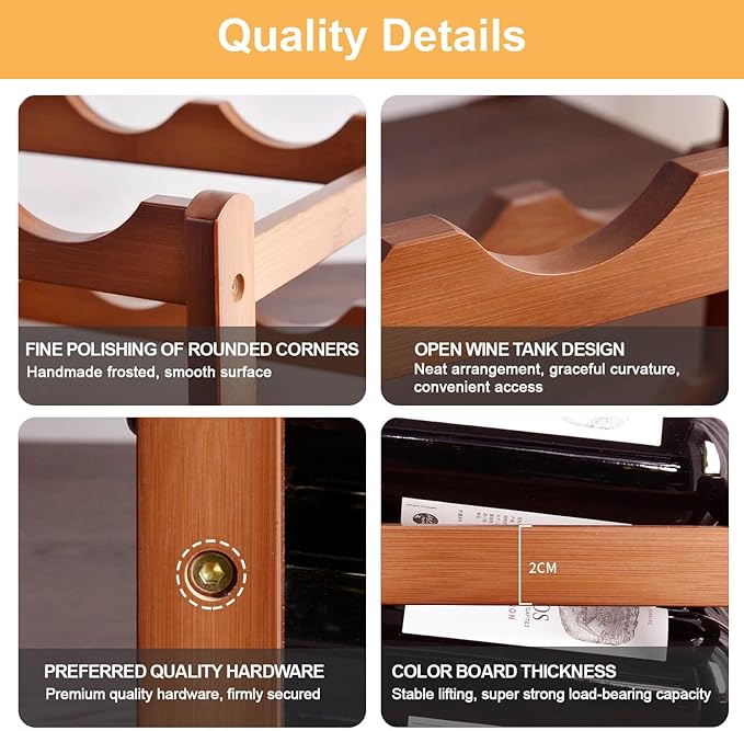 Wine Rack Countertop, 12 Bottle Wine Racks for Wine Bottles Storage Display, 3 Tier Wooden Wine Rack Free Standing Floor