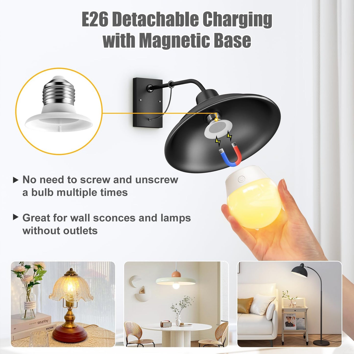 Brightown E26 Rechargeable Light Bulb with Remote and Timer, Battery Backup Bulb for Sconces and Lamps, Magnetic Bulbs for Non-Hardwired Fixture, 3 Color Temperatures + 9 RGB Colors, Dimmable, 2 Pack