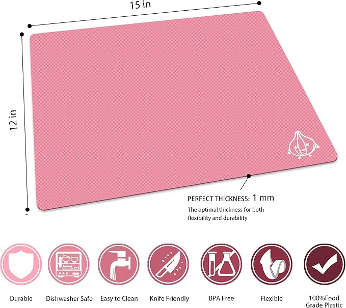 ZVP Flexible Plastic Cutting Board Set of 3 Gradient Color, Colorful Chopping Boards, BPA Free Mats, Non Slip, Dishwasher Safe, 15x12 Inch, Pink Multi-Color
