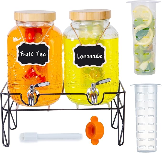 2-Pack1Gallon Glass Drink Dispensers for Parties,Beverage Dispenser with Stainless Steel Leakproof Spigot/Stand/Bamboo Lids/Fruit Infuser/Chalkboard Labels.for Lemonade & Iced Tea,Party Drinks