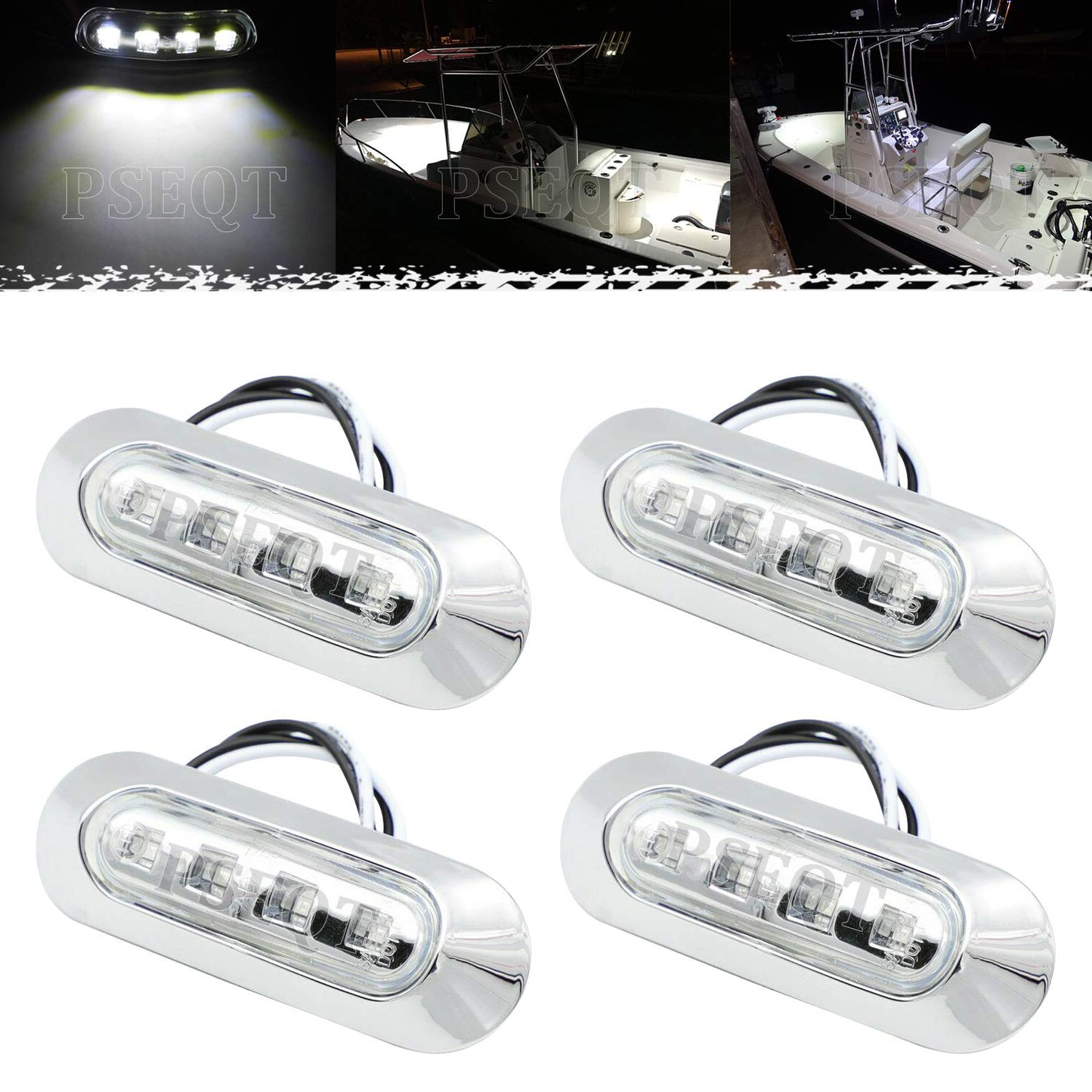 PSEQT Marine LED Lights - Waterproof Interior Deck Light, 3.8in x 1.29in, Polycarbonate, Chrome Bezel, White, Model PSEQTSF003W,