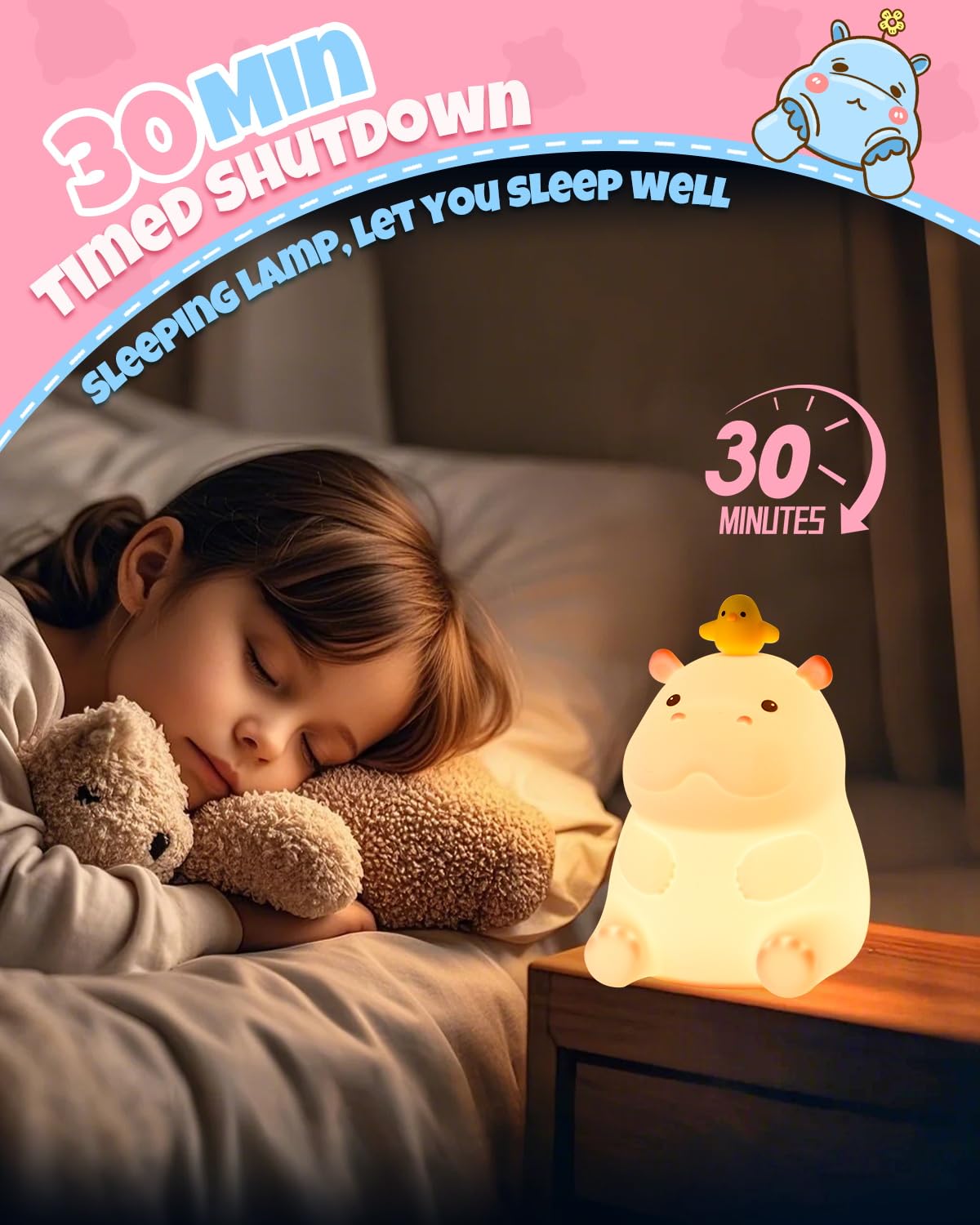 Cute Hippo Night Light  Animal Lamp  Food Grade Silicone  Rechargeable  2 Level Dimmable  Squishy Nursery Nightlight For Desk Decor  Funny Gifts Stuff For Boys Girls Baby  White Elephant Gifts