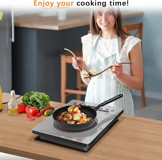 Noxton Portable Electric Stove 110V, 1800W Single Burner Electric Cooktop, Countertop Burner Electri Hot Plate, 4 Hour Timer, 9 Power Level, Child Safety Lock, Compatible with All Cookware(Grey)