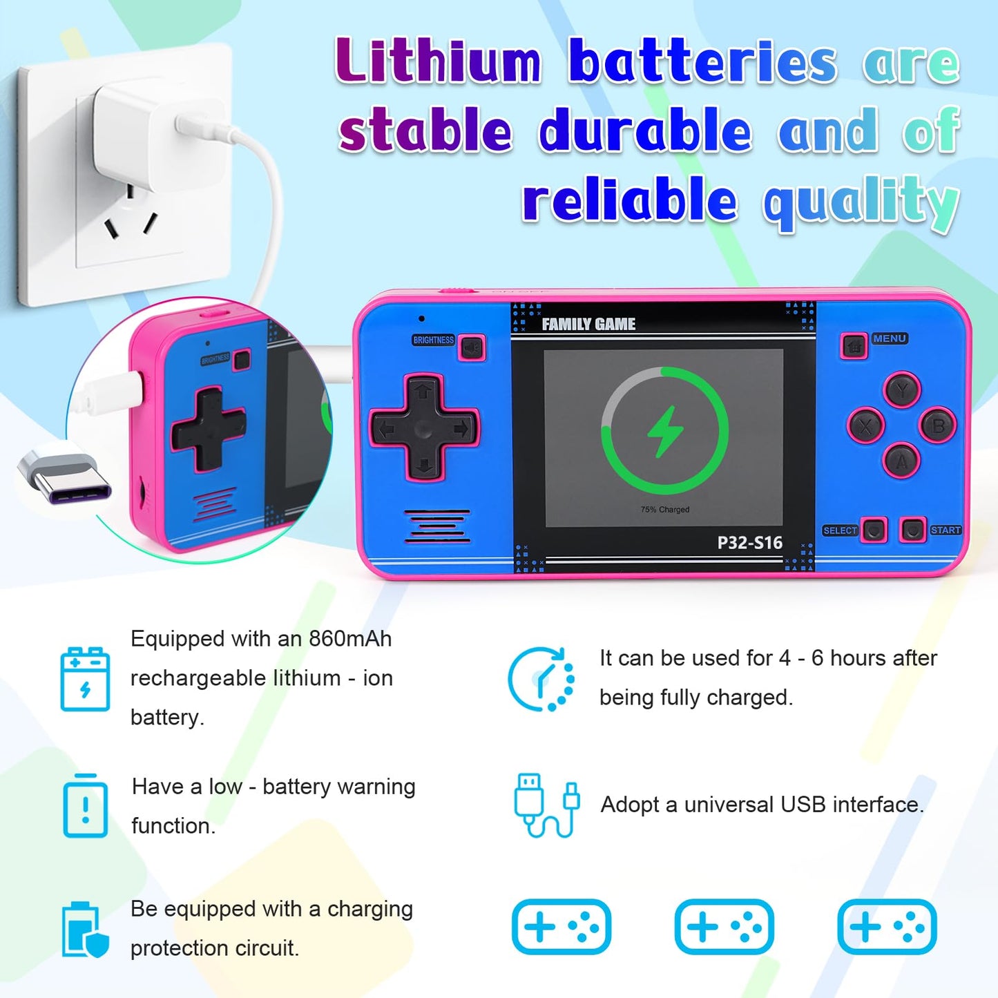 Handheld Game for Kids ，Built-in 220 32-bit Video Games, 3.0” IPS Screen, Rechargeable Portable Game , Travel Mini Arcade Electronic Toys Gift for Boys and Girls (Pink+Blue)