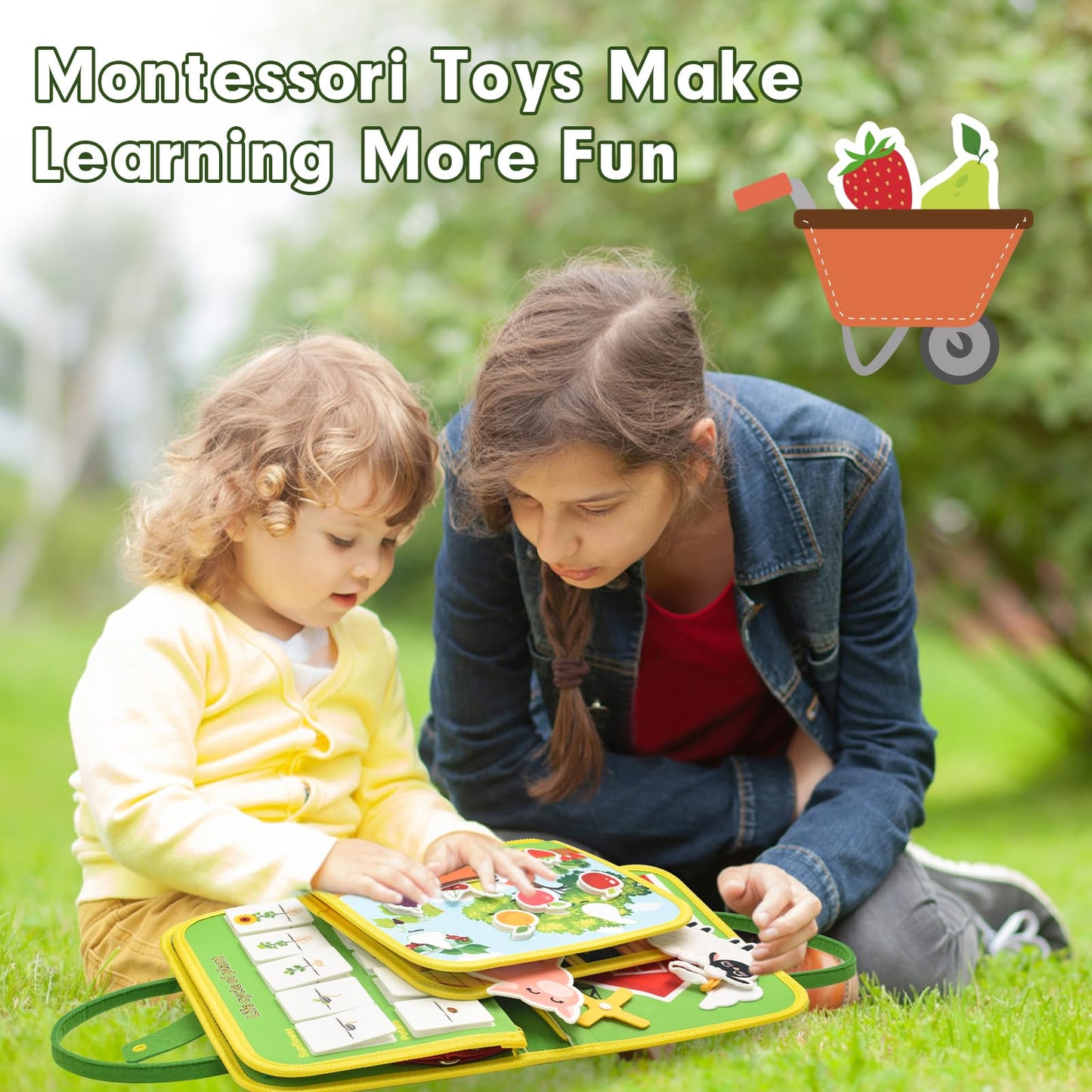 Silouka Toddler Busy Board Montessori Toys, Sensory Board Busy Book for Toddlers 1-3 Birthday Gifts - Preschool Learning Life Skills, Farm Green, 8 Pages