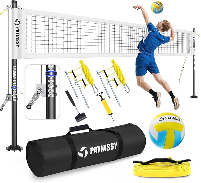 Patiassy Heavy Duty Professional Volleyball Net Set for Backyard & Beach, 32-Ply Reinforced Net with Steel Anti-Sag Winch,...