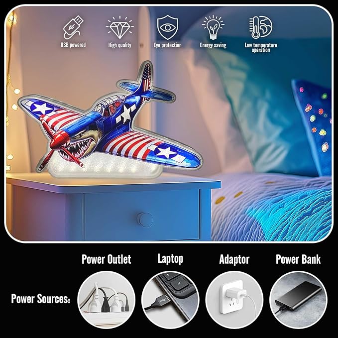 American Shark Fighter Warplane Night Light Up Box for Boy Kids Teens Gifts USB Powered Lamp Lightbox Bedroom Room Wall Hanging Art Table Desk Decorations Decor Sign