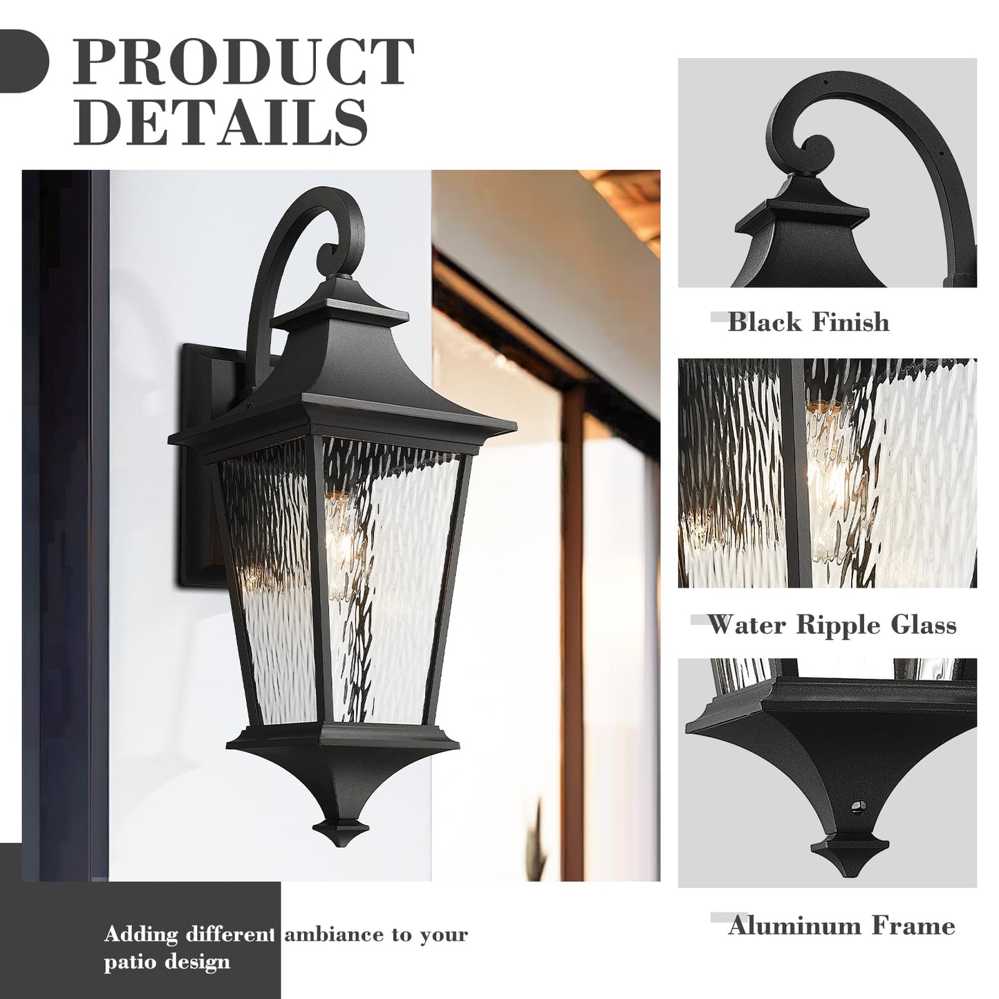 Emliviar 29.3 Waterproof Wall Sconce Light Fixture, Black Finish, Water Ripple Glass Shade, Large Size, Model Xe292Bl-Sw Bk
