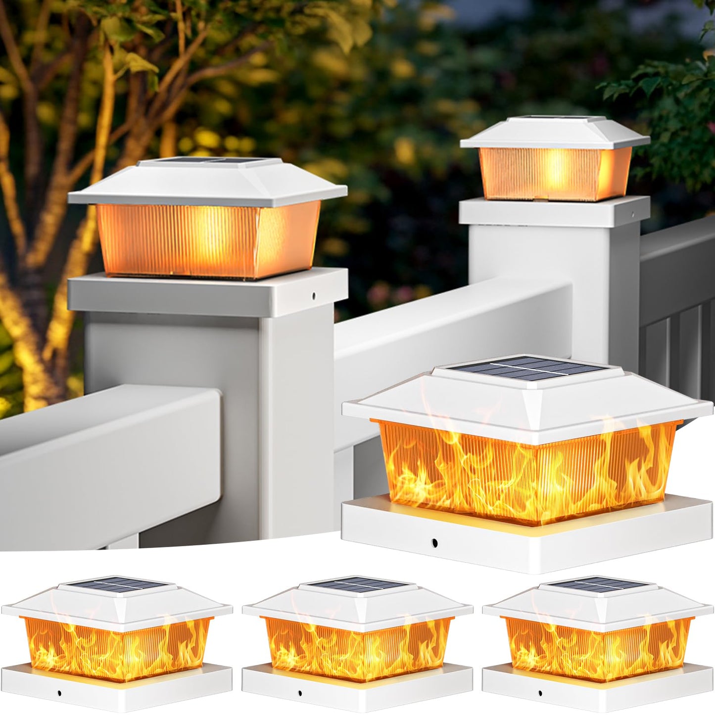 Btfarm 4X4 Solar Flame Post Cap Lights Outdoor  4 Pack Flickering Flame Deck Fence Post Lights  Waterproof Solar Powered Lighting Outside Fit 4X4 3.5X3.5 Wooden/Vinyl For Porch Patio Garden
