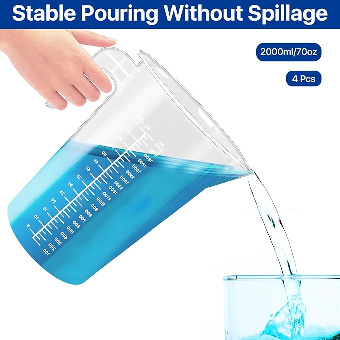 4 Pack 2 Liter Plastic Graduated Measuring and Mixing Pitcher, Aemygo Clear 1/2 Gallon Measuring Cups with Handle, Multipurpose Pouring Cup for Paint, Resin, Epoxy, Kitchen Cooking Baking Ingredients