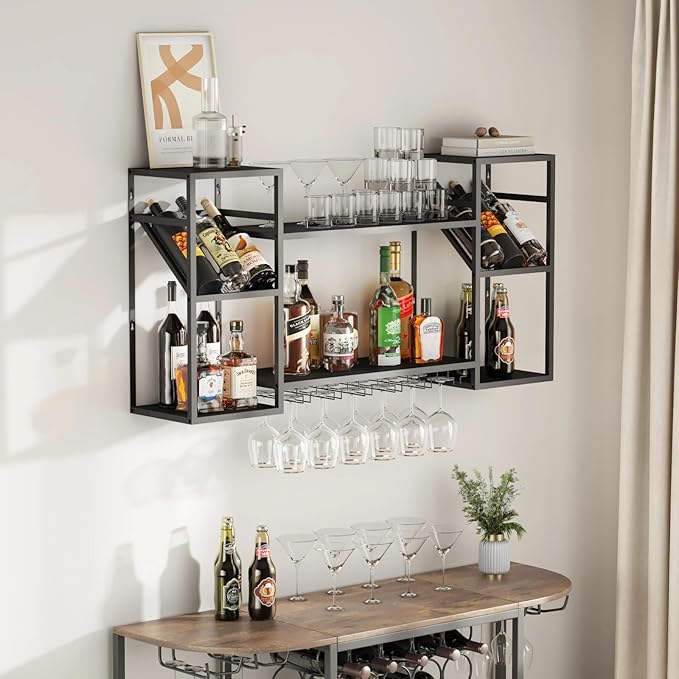 Wall Mounted Wine Rack, Multi Functional Bar Shelves for Liquor Bottles with Glass Holder, Modern Metal Bar Shelves Wall Mounted for Home Bar, Kitchen
