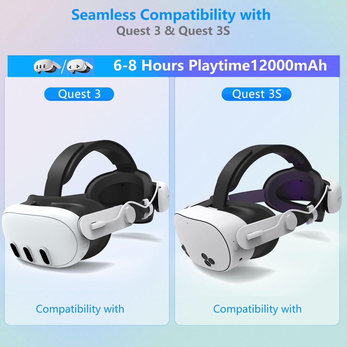 12000mAh Fast-Charging Battery Head Strap for Meta Quest 3/3S – Extends 6-8 Hours Playtime, RGB Lighting & Comfortable Fit – Elite Replacement Strap with Balanced Weight_Black