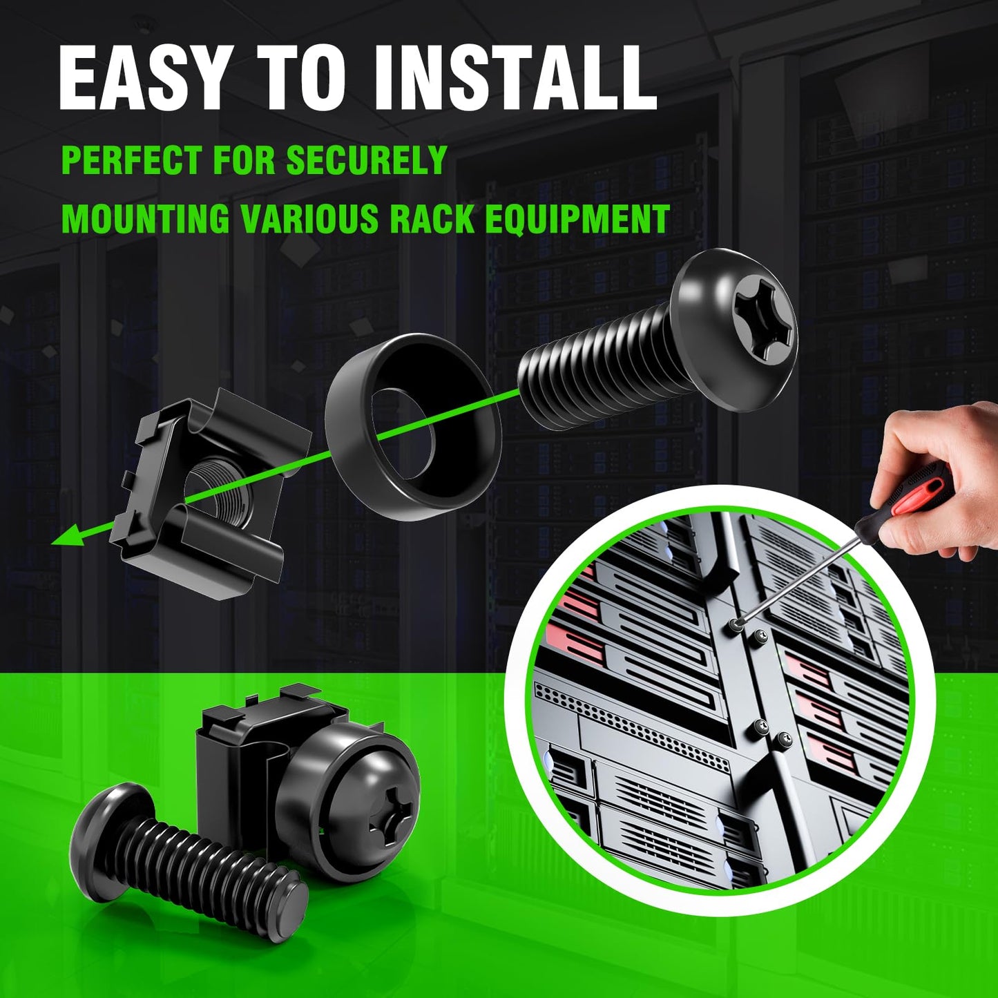 50 PACK M6 x 16mm Rack Mount Cage Nuts, Screws and Washers for Rack Mount Server Cabinet, Rack Mount Server Shelves, Routers, Rack Mount Screws and Square Insert Nuts, Self-Locking Cable Ties for Free