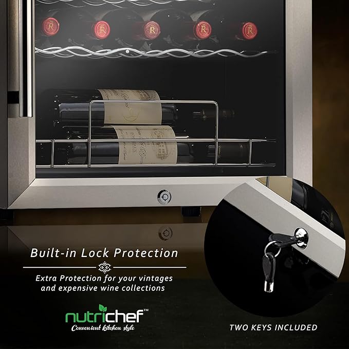 Nutrichef 34 Bottle Wine Fridge - Single Zone Beverage Refrigerator with Adjustable Temperature 41°F - 64°F, Ultra Quiet Operation Wine Cooler for Home, Office & Kitchen, Stainless Steel