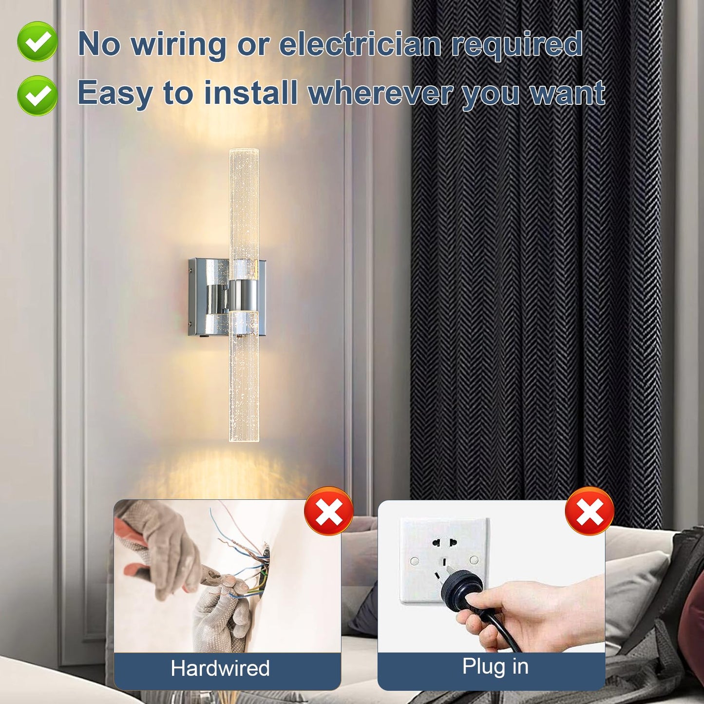 Hongren 17 Inch Chrome Battery Operated Wall Sconces Set Of Two Rechargeable Battery Powered Wall Light With Remote Control Led Dimmable Lamp Fixtures For Living Room Bedroom Hallway (2 Pack)