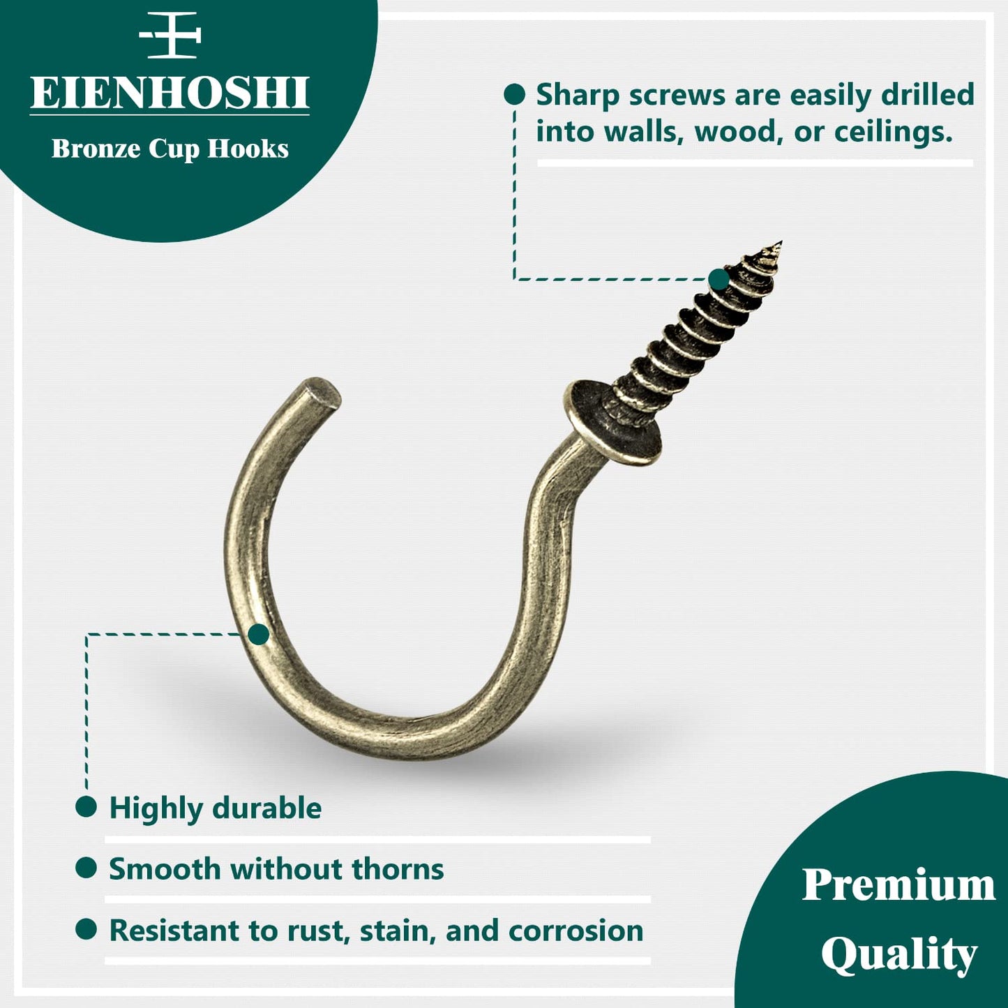 EIENHOSHI 105 Pcs Screw Hooks, 6 Sizes Bronze Cup Hooks, Screw Hooks for Hanging, Metal Cup Hooks Screw in (1/2", 5/8", 3/4", 7/8", 1'', 1-1/4")