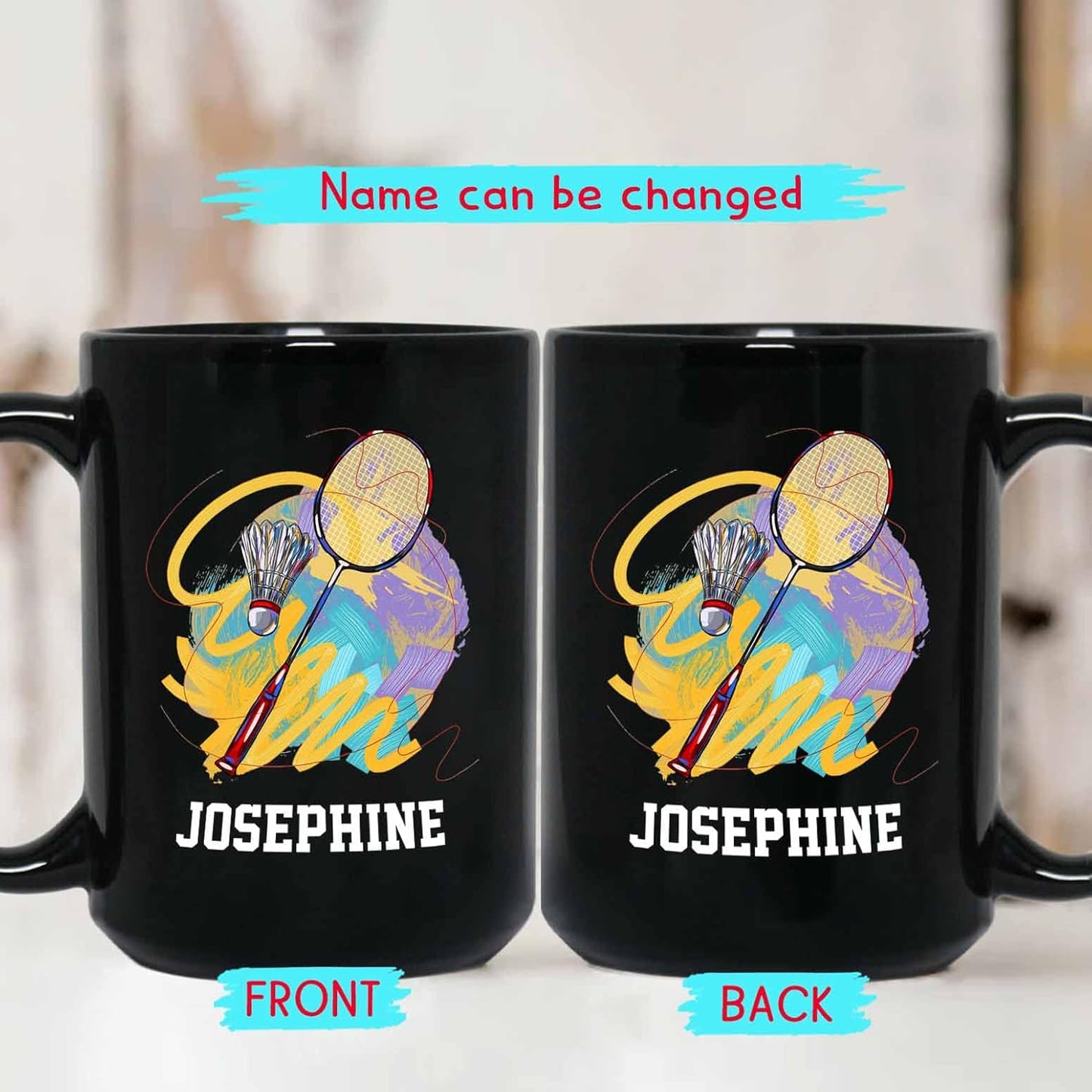 Personalized Choose Player Name Coffee Mugs Cups Gift For Men Women Team Coach Badminton Lover, Badminton Player Coffee Cup 11 Oz 15 Oz, Custom Badminton Racket Black Ceramic Mug, Badminton Sport Mug