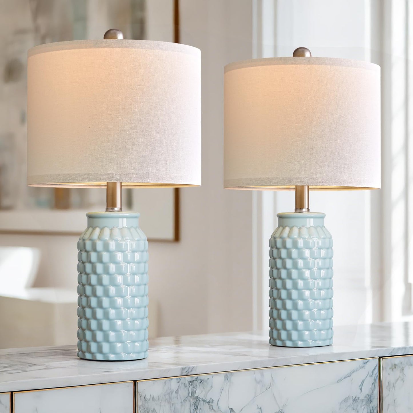 USumkky Ceramic Bedside Lamp Set of 2, 20.5in Light Blue, Modern Table Lamp for Bedroom and Living Room Decor