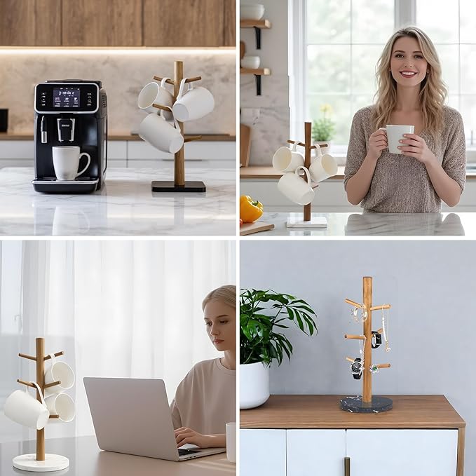 Buruis Wood Mug Holder, Marble Base Cup Rack Tree, Cup Stand Hanger, Kitchen Coffee Mug Tree Countertop Tea Cups Holder Stand, Coffee Mugs Dryer with 6 Hooks, White