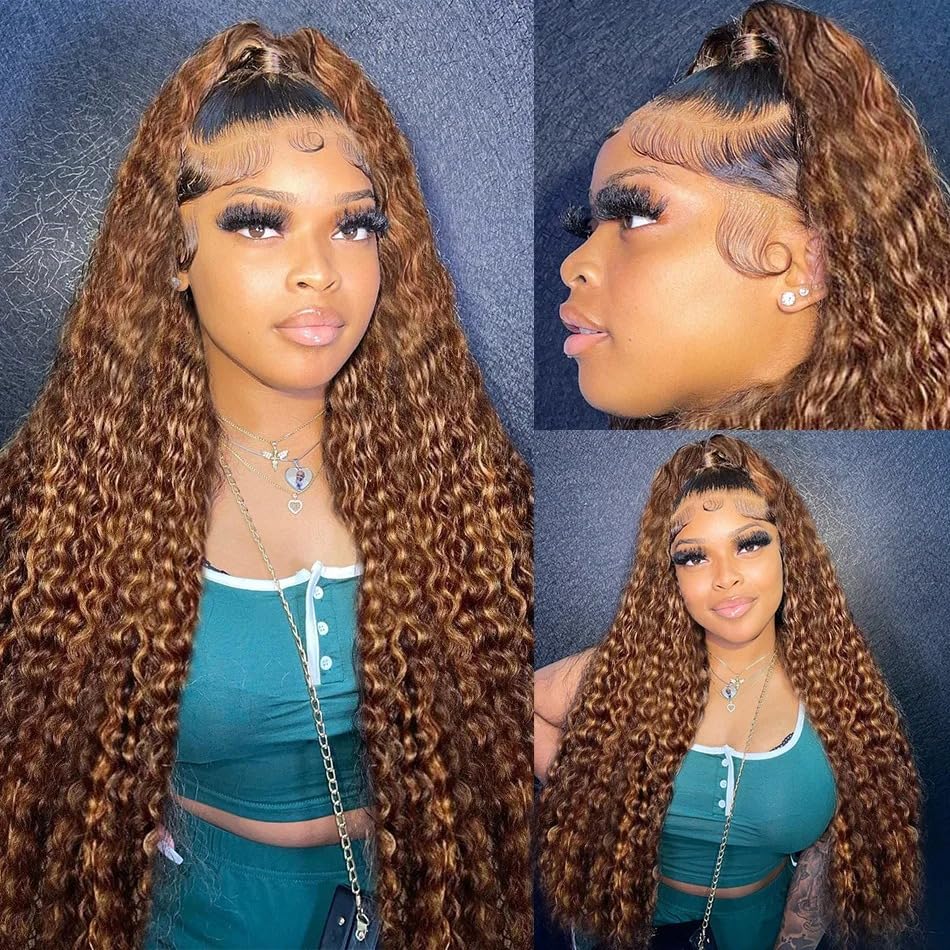 24 Inch Highlight Ombre Lace Front Wig Human Hair 13x6 HD Honey Blonde 4/27 Deep Wave Lace Front Wigs Human Hair 180% Density Co