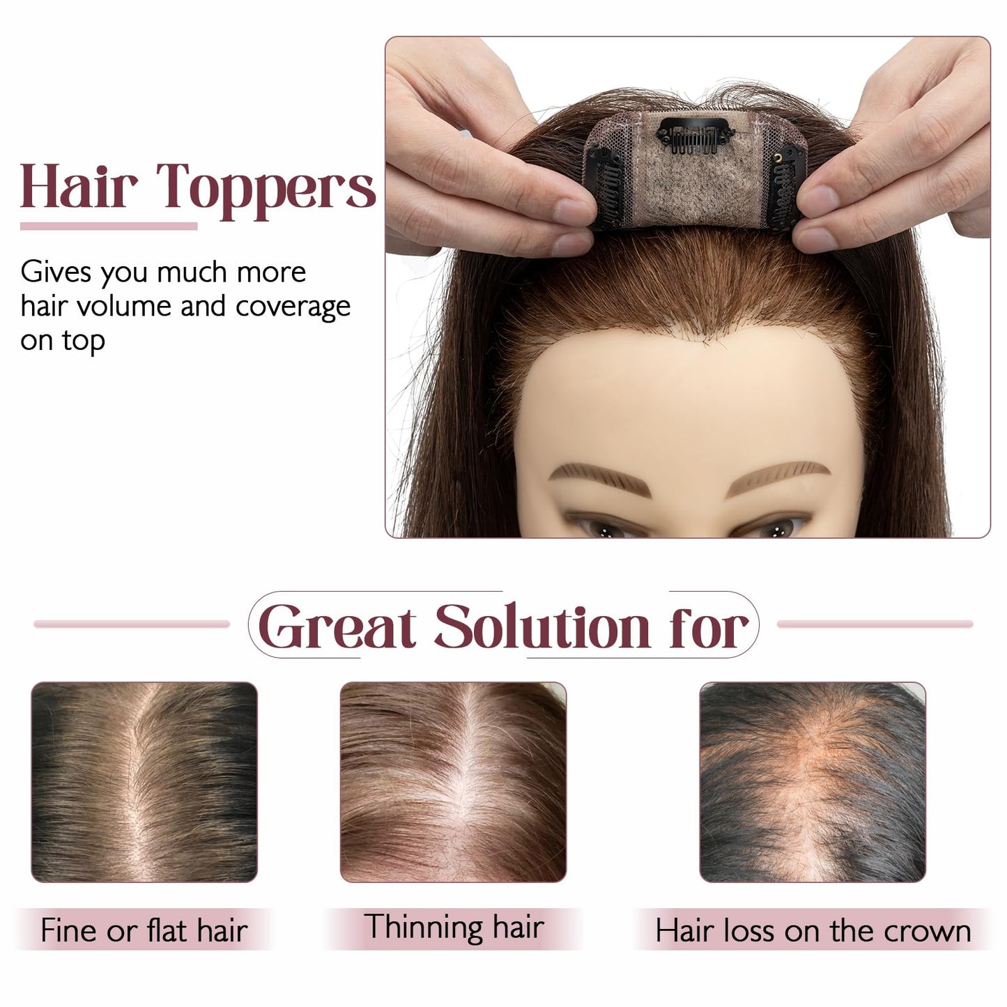 Elailite Hair Toppers for Women Real Human Hair Topper Thinning Thin 5.1x2.8 Silk Base Clip in Remy Hairpieces 16 Inch Dark Brow