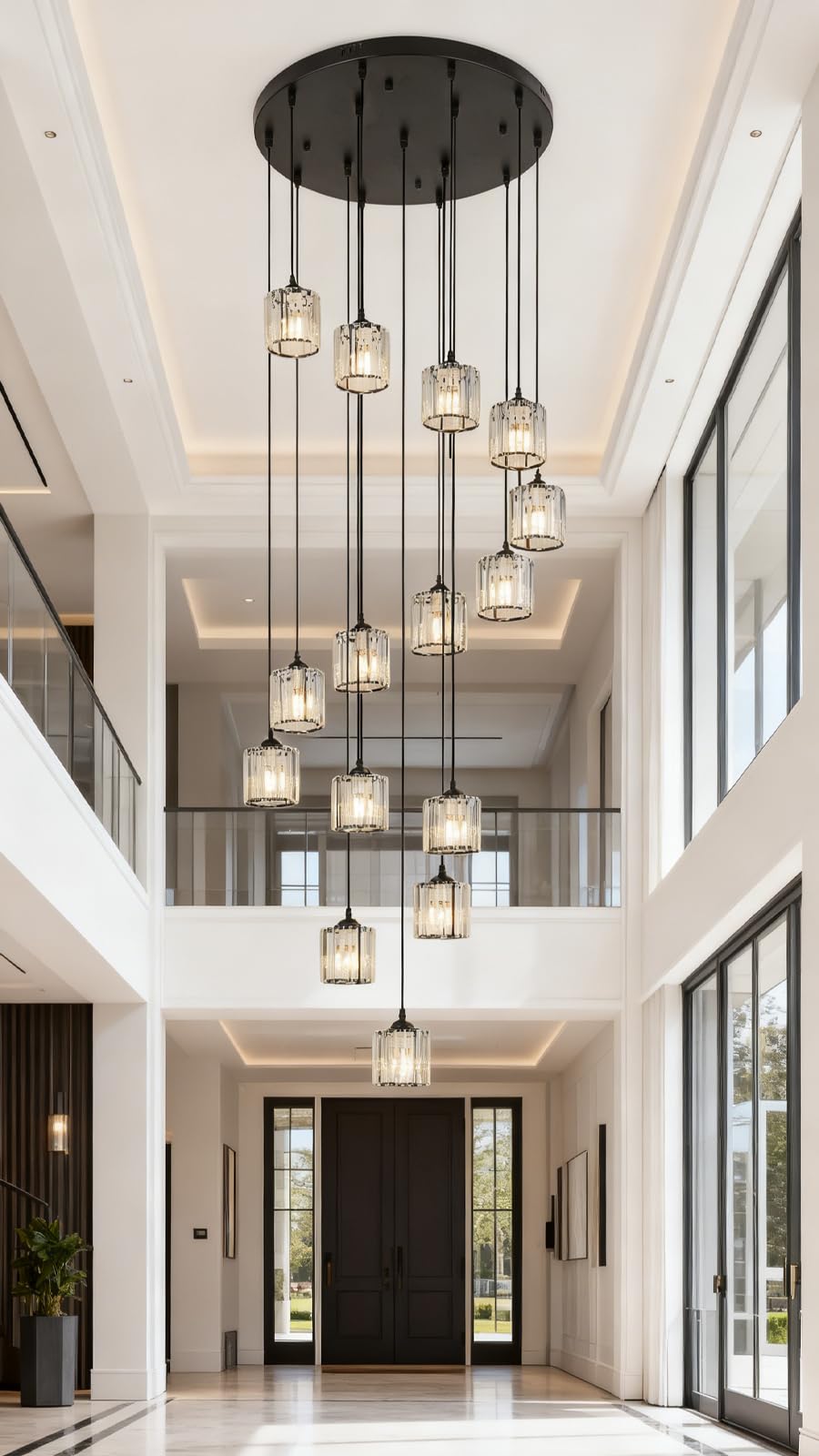 Meimond Long Chandeliers For High Ceilings Modern Crystal Pendant Light Raindrop Drop Lamp Hanging Flush Mount Lighting Fixtures For Spiral Staircase Foyer Entryway Living Room Black (15 Lights)