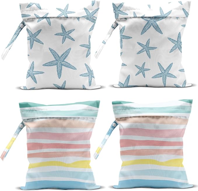 4 Pack Wet Bag for Swimsuit, Beach Travel Essentials Wet Dry Bag, for Sunscreen Toiletry Dirty Clothes Yoga Gym Diaper, Friend Summer Beach Vacation Gifts. Starfish, waves