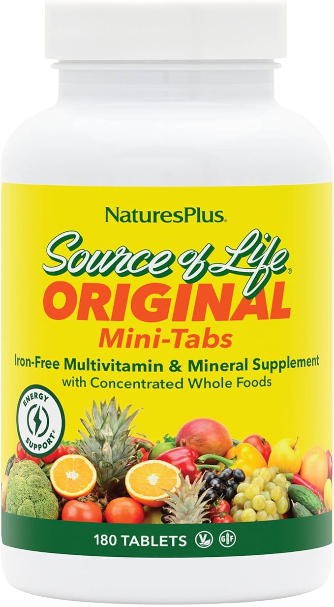 Natures Plus Source of Life No Iron - 180 Mini-Tabs - Multivitamin & Mineral Supplement - Supports Natural Energy & Overall Well-Being - Gluten Free, Vegetarian - 30 Servings