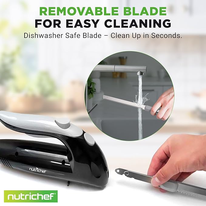 NutriChef Upgraded Premium Electric Knife - 8.9" Carving Knife, Serrated Blades, Lightweight, Ergonomic Design Easy Grip, Easy Blade Removal, Great For Thanksgiving, Meat & Cheese, Black - PKELKN8