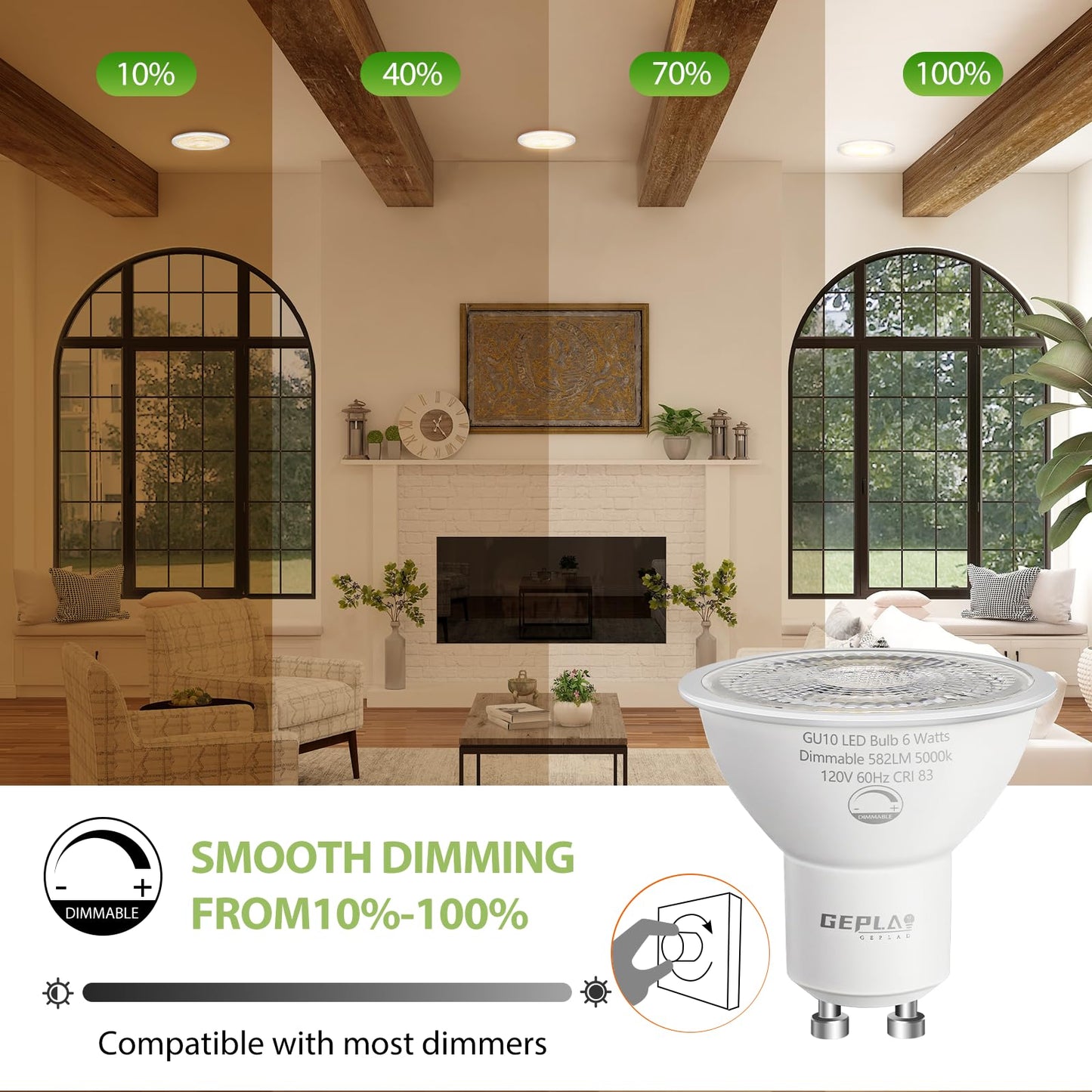 Geplad 6 Pack Gu10 Led Bulb Dimmable 6W, 582Lm, 2700K Warm White, Halogen Replacement, 38° Spotlight