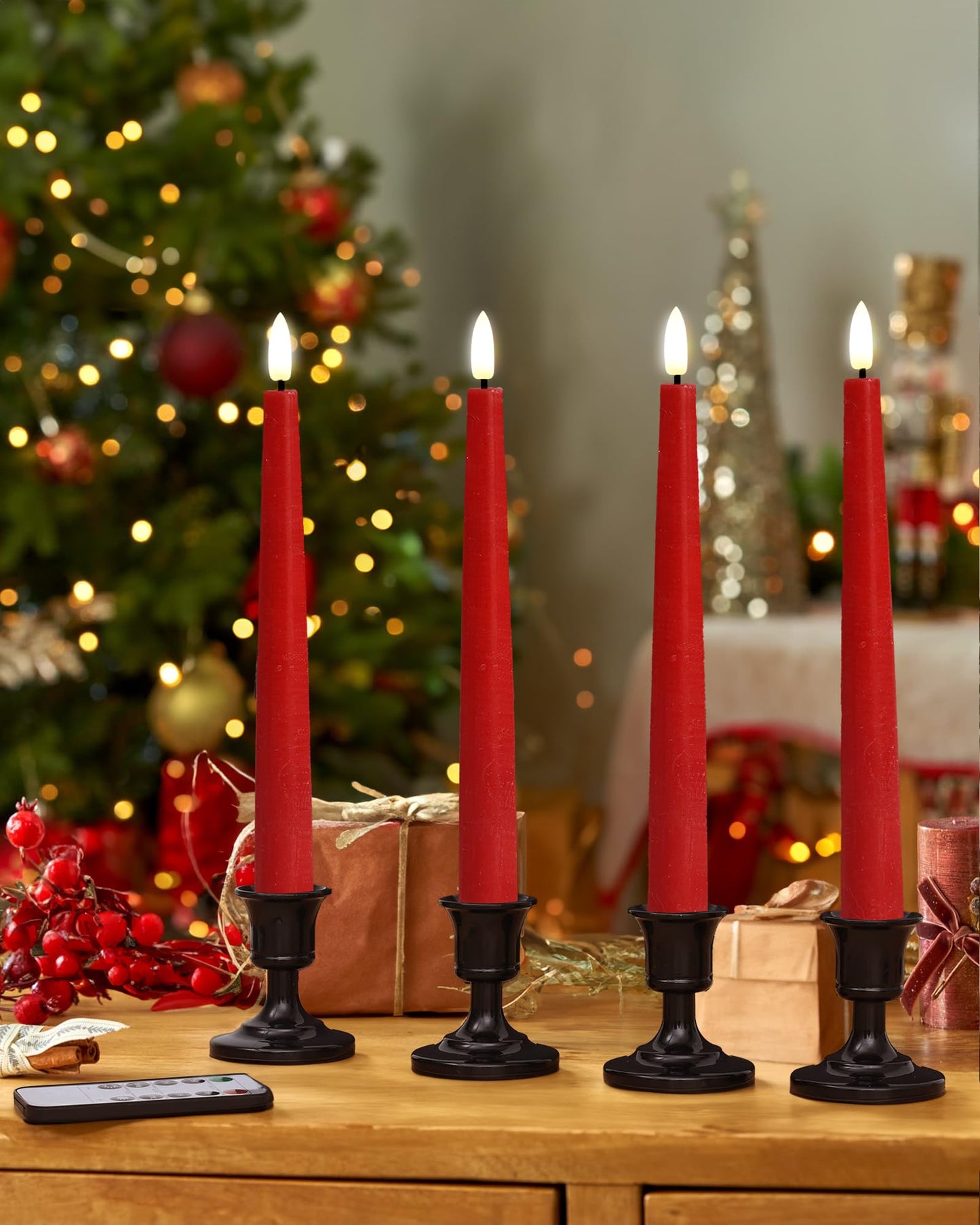 Stmarry Red Real Wax LED Flameless Taper Candles with Remote and Timer, 9.65 Inch Flameless Candlesticks, Dripless Battery Operated Candles with 3D Flickering Flame - Set of 6
