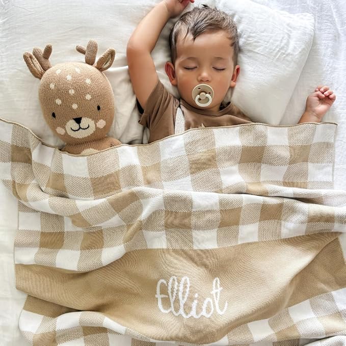 Personalized Gingham Name Blanket – 100% Cotton Baby Blanket, Gingham Band Design, Customized with Name, Boys and Girls, Bassinet and Crib, Gift for Baby, Newborn, Toddler or Kids (Crib)