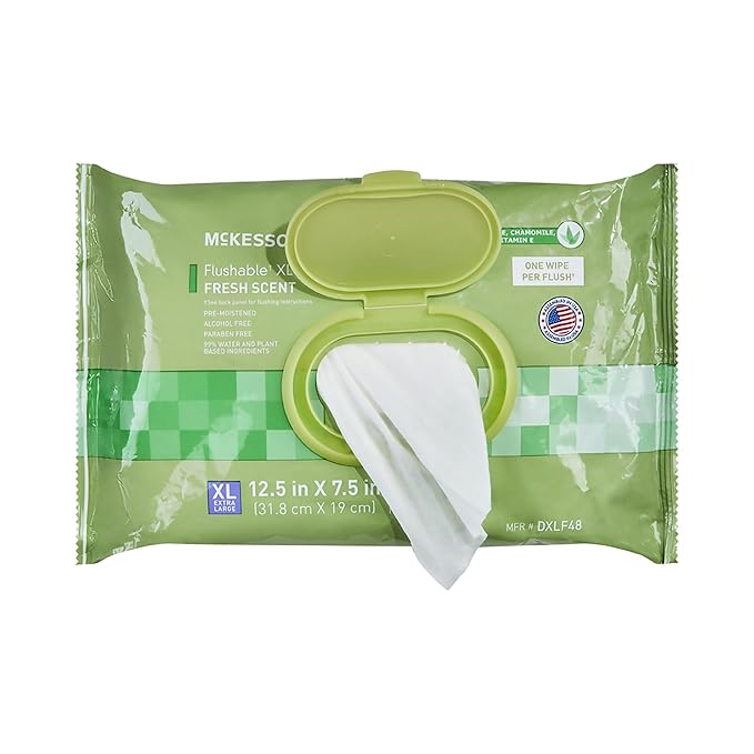 McKesson Flushable* Adult Wet Wipes XL – 576 Wipes (12 Pack of 48) – Aloe & Vitamin E, Plant-Based Cleansing Wipes, Scented, Extra Large