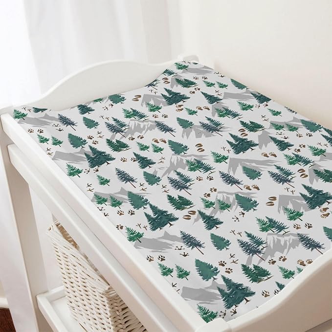 Green Pine Forest Animals Tracks Baby Changing Pad Covers Pine Trees Paws Mountain Diaper Changing Table Sheets for Girl Boy Soft Breathable Stretch Fitted Nursery Change Table Mat 32''x16''