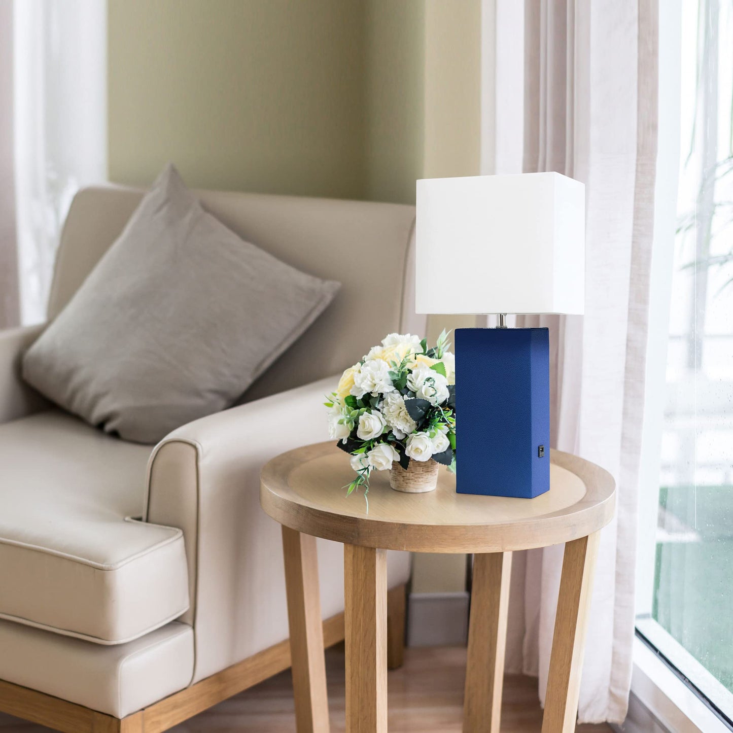 Lalia Home Lexington 21 Blue Leather Base Bedside Table Lamp With Usb Charging Port, Modern Décor For Living Room, Bedroom, Office