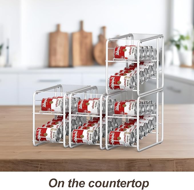 4 Pack Soda Can Organizer, Stackable Metal Can Dispenser for Pantry, Automatic Rolling Canned Food Organizer for Cabinet and Countertop, White.