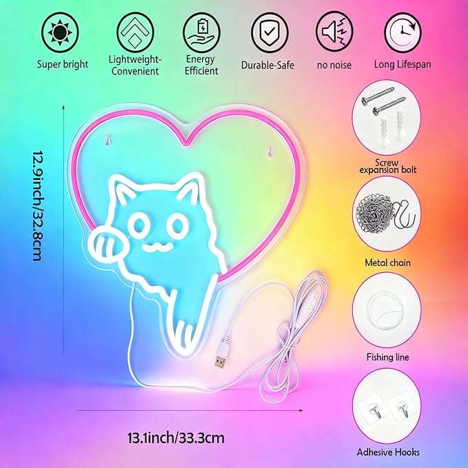 Cat Neon Sign – Cute Pink Heart Cat LED Lights, Dimmable Animal Neon Wall Decor, Cat Lover Gift, Bedroom Wall Art, Living Room, Game Room, Pet Shop, Kawaii Home Accent(12.91 × 13.11 in)